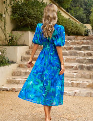 Blue Abstract Print Ruched Waist V Neck Long Dress