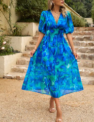 Blue Abstract Print Ruched Waist V Neck Long Dress