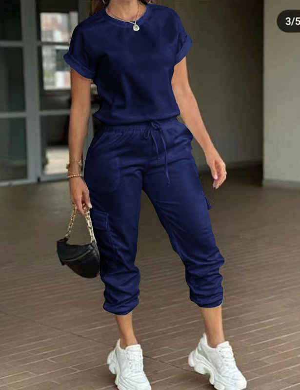 Navy Blue Short Sleeve Top and Multi Pockets Jogger Pants Set
