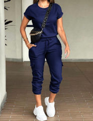 Navy Blue Short Sleeve Top and Multi Pockets Jogger Pants Set