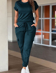 Solid Color Short Sleeve Top and Multi Pockets Jogger Pants Set