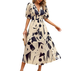 Apricot Abstract Print Ruched Waist V Neck Long Dress