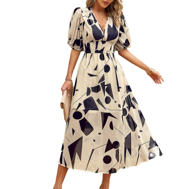 Apricot Abstract Print Ruched Waist V Neck Long Dress