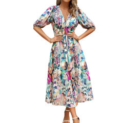 Green Floral Print Ruched Waist V Neck Long Dress
