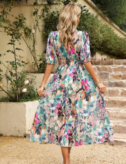 Green Floral Print Ruched Waist V Neck Long Dress