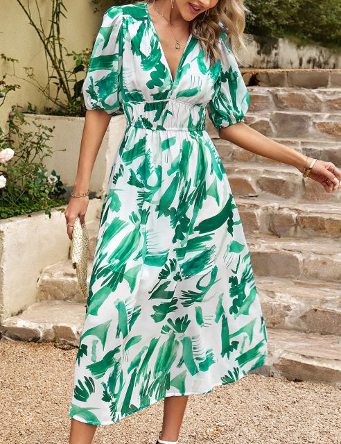 Green Abstract Print Ruched Waist V Neck Long Dress