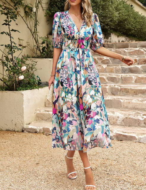 Green Floral Print Ruched Waist V Neck Long Dress