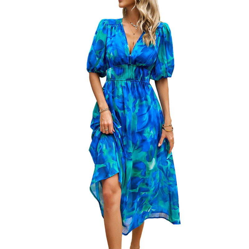 Blue Abstract Print Ruched Waist V Neck Long Dress