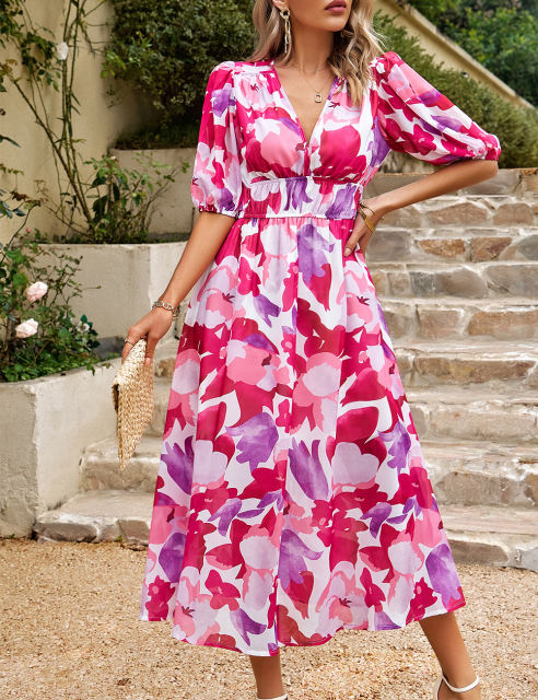 Red Abstract Print Ruched Waist V Neck Long Dress