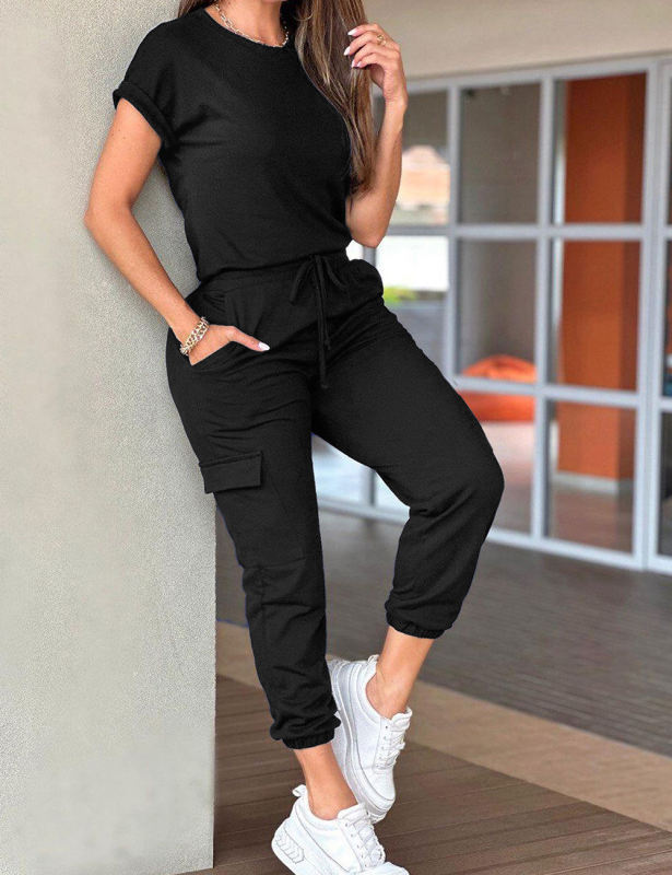 Black Short Sleeve Top and Multi Pockets Jogger Pants Set