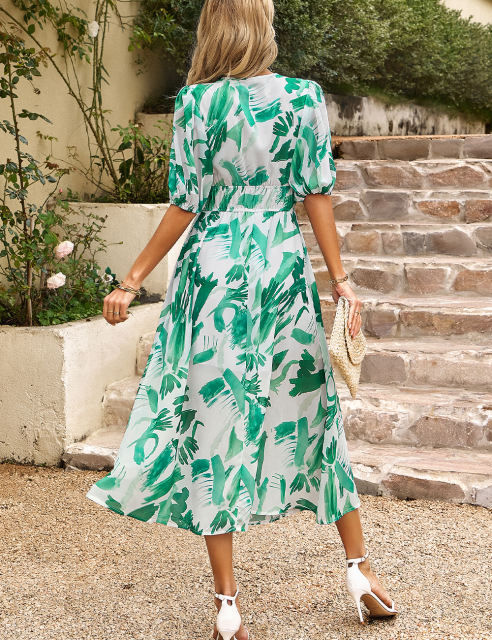 Green Abstract Print Ruched Waist V Neck Long Dress