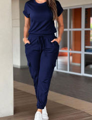 Navy Blue Short Sleeve Top and Multi Pockets Jogger Pants Set