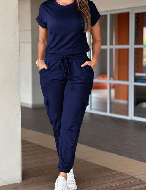 Navy Blue Short Sleeve Top and Multi Pockets Jogger Pants Set