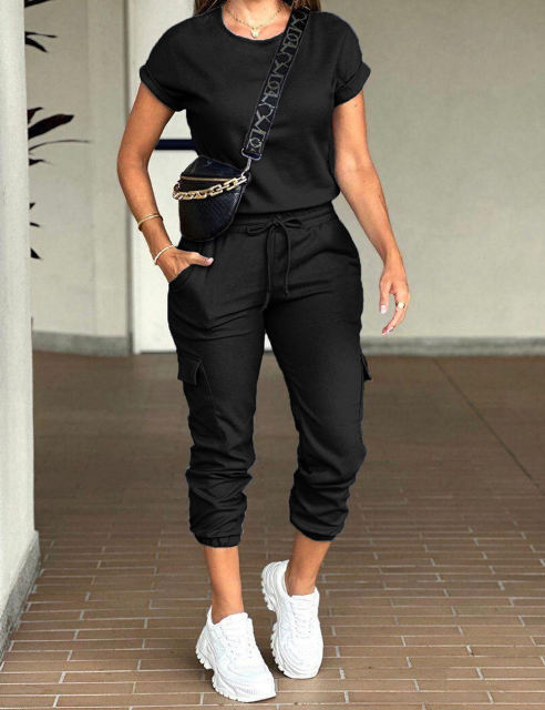 Black Short Sleeve Top and Multi Pockets Jogger Pants Set