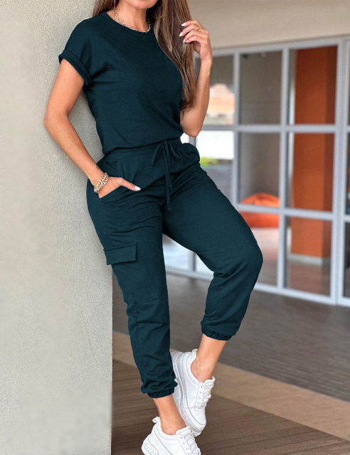 Solid Color Short Sleeve Top and Multi Pockets Jogger Pants Set