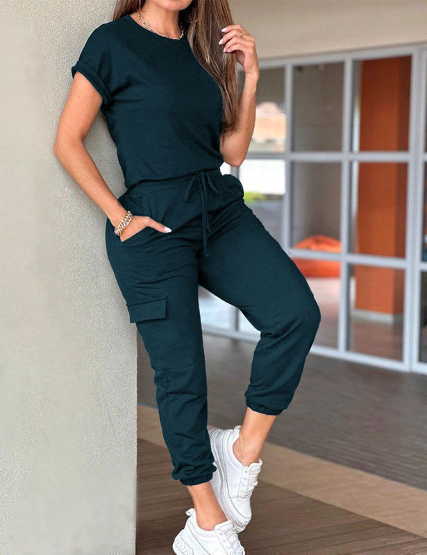 Solid Color Short Sleeve Top and Multi Pockets Jogger Pants Set