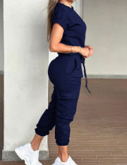 Navy Blue Short Sleeve Top and Multi Pockets Jogger Pants Set