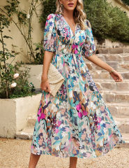 Green Floral Print Ruched Waist V Neck Long Dress