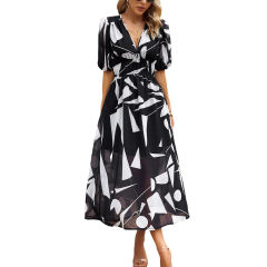 Black Abstract Print Ruched Waist V Neck Long Dress