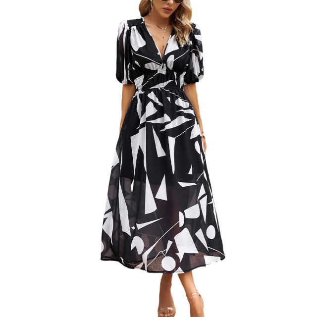 Black Abstract Print Ruched Waist V Neck Long Dress