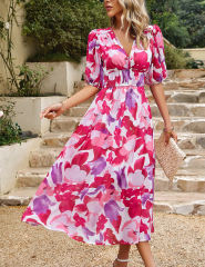 Red Abstract Print Ruched Waist V Neck Long Dress