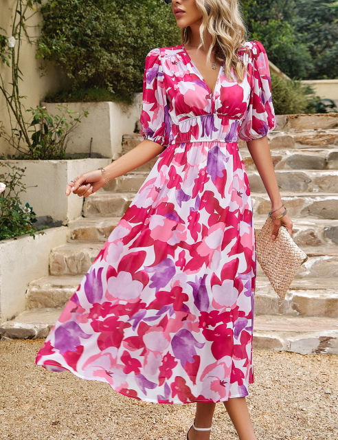 Red Abstract Print Ruched Waist V Neck Long Dress