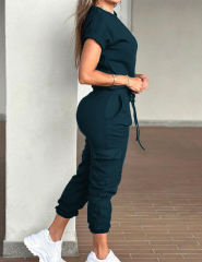 Solid Color Short Sleeve Top and Multi Pockets Jogger Pants Set