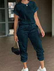 Solid Color Short Sleeve Top and Multi Pockets Jogger Pants Set