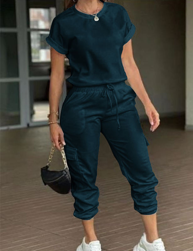 Solid Color Short Sleeve Top and Multi Pockets Jogger Pants Set