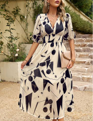 Apricot Abstract Print Ruched Waist V Neck Long Dress