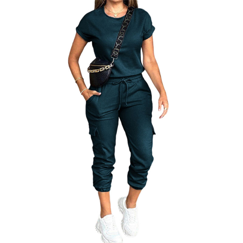 Solid Color Short Sleeve Top and Multi Pockets Jogger Pants Set
