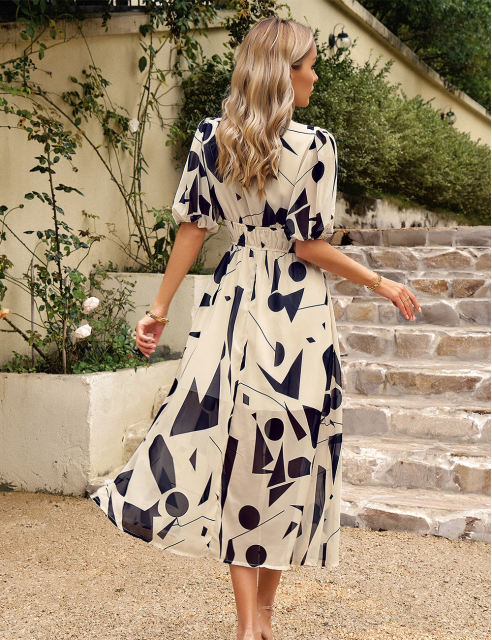 Apricot Abstract Print Ruched Waist V Neck Long Dress