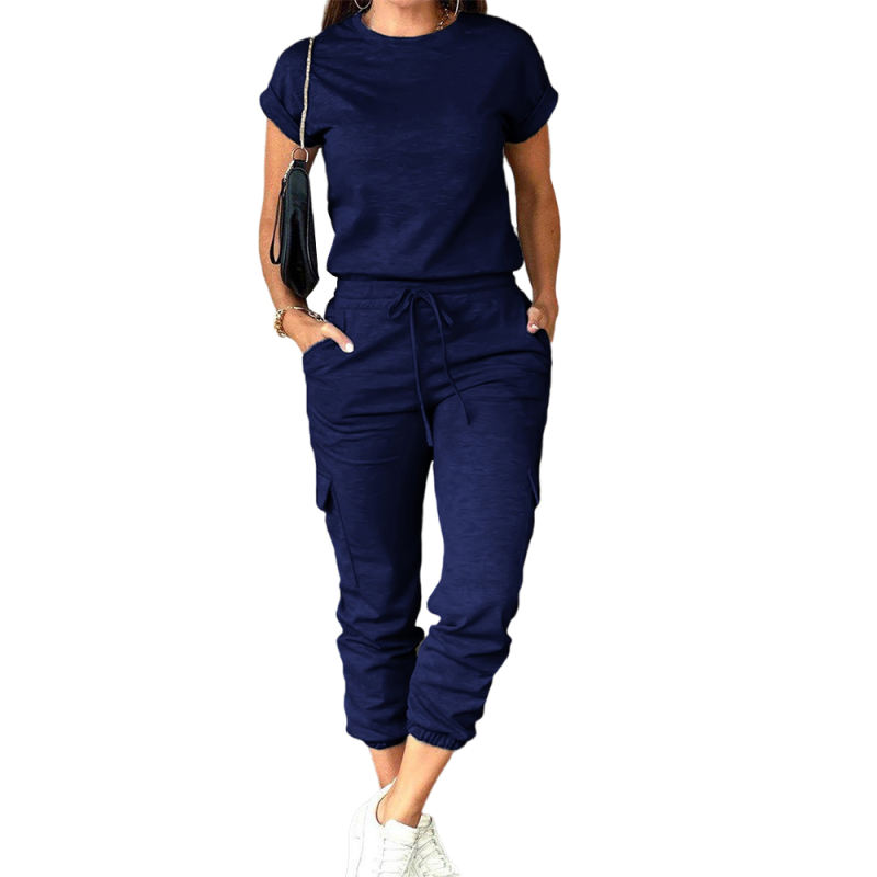 Navy Blue Short Sleeve Top and Multi Pockets Jogger Pants Set