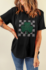 Black Clover Checkered Rhinestone Crew Neck T Shirt