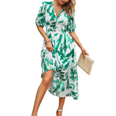 Green Abstract Print Ruched Waist V Neck Long Dress