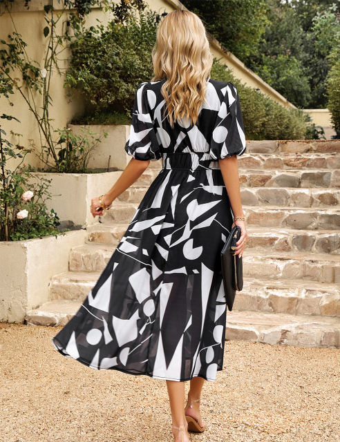 Black Abstract Print Ruched Waist V Neck Long Dress