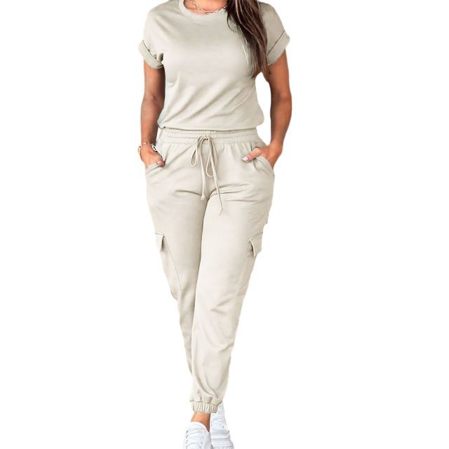 Beige Short Sleeve Top and Multi Pockets Jogger Pants Set