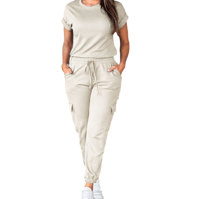 Beige Short Sleeve Top and Multi Pockets Jogger Pants Set