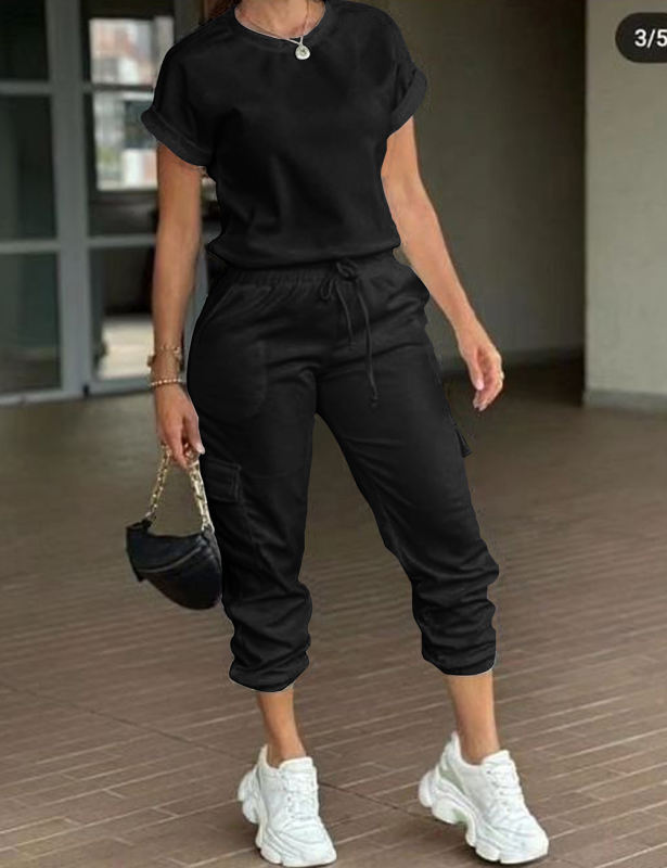 Black Short Sleeve Top and Multi Pockets Jogger Pants Set