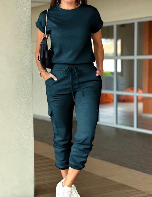 Solid Color Short Sleeve Top and Multi Pockets Jogger Pants Set