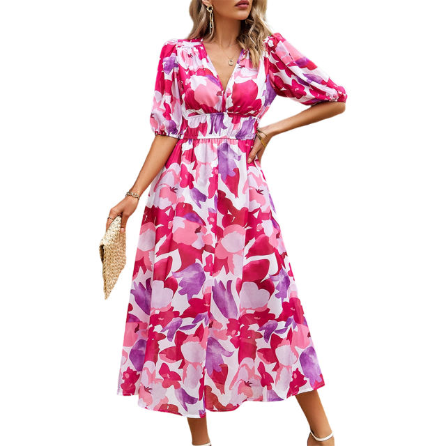 Red Abstract Print Ruched Waist V Neck Long Dress