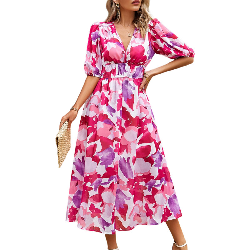 Red Abstract Print Ruched Waist V Neck Long Dress