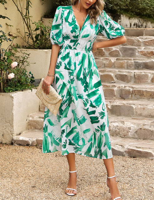 Green Abstract Print Ruched Waist V Neck Long Dress