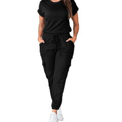 Black Short Sleeve Top and Multi Pockets Jogger Pants Set
