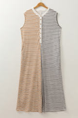 Gray Stripe Plus Size Color Block Buttoned Sleeveless Wide Leg Jumpsuit