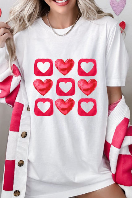 White Heart Graphic Crew Neck Valentines T Shirt