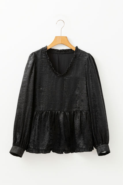 Black Metallic Frilled V Neck Puff Sleeve Babydoll Blouse