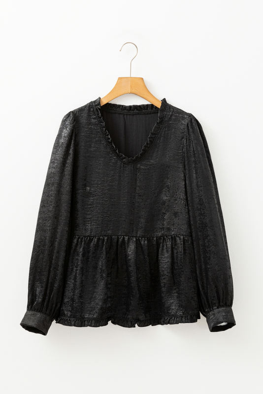 Black Metallic Frilled V Neck Puff Sleeve Babydoll Blouse