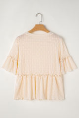 Beige Solid Color Textured Ruffled Short Sleeve Blouse
