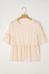 Beige Solid Color Textured Ruffled Short Sleeve Blouse